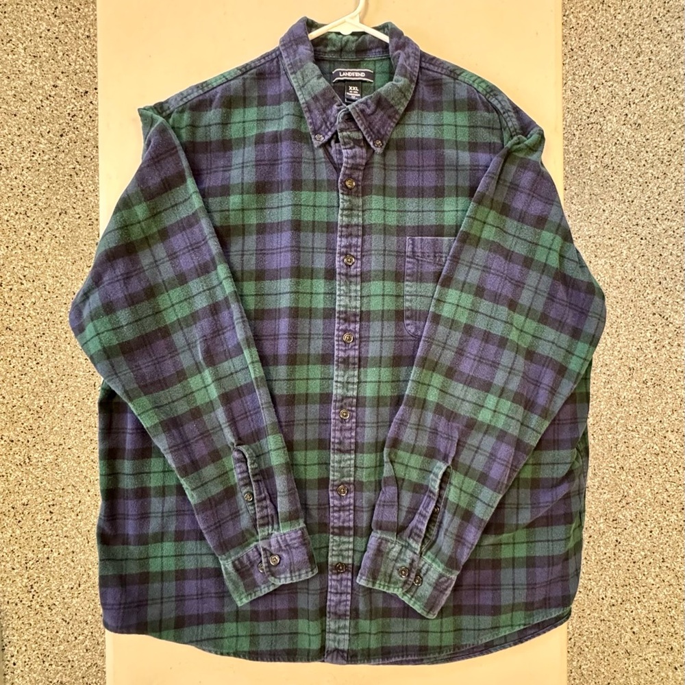 Lands' End Men's Casual Green and Blue Plaid FLANNEL Shirt